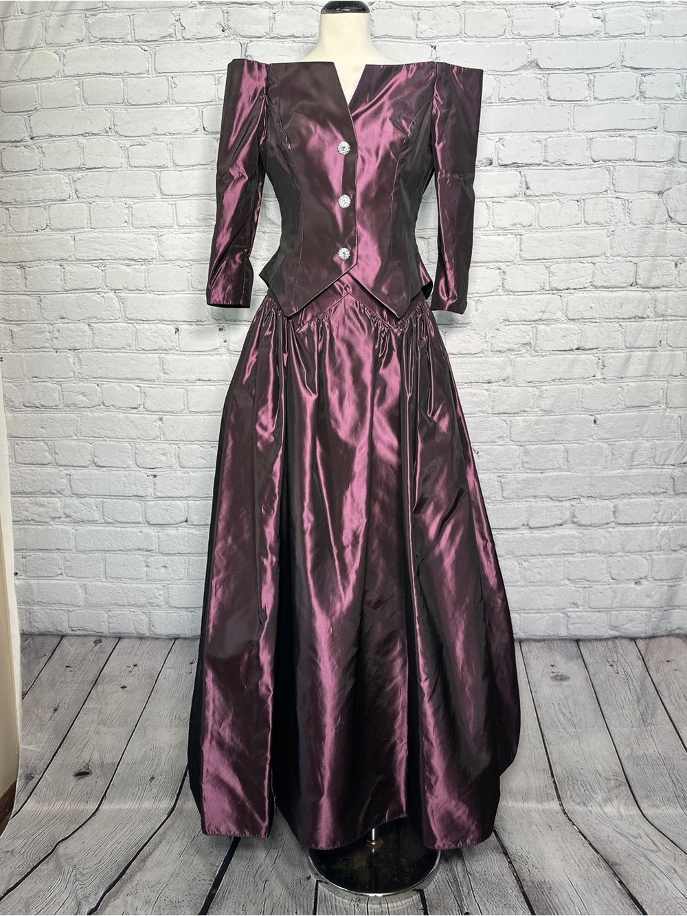 Vintage 80s Purple Metallic Taffeta Prom Dress Matching Jacket Strapless XS